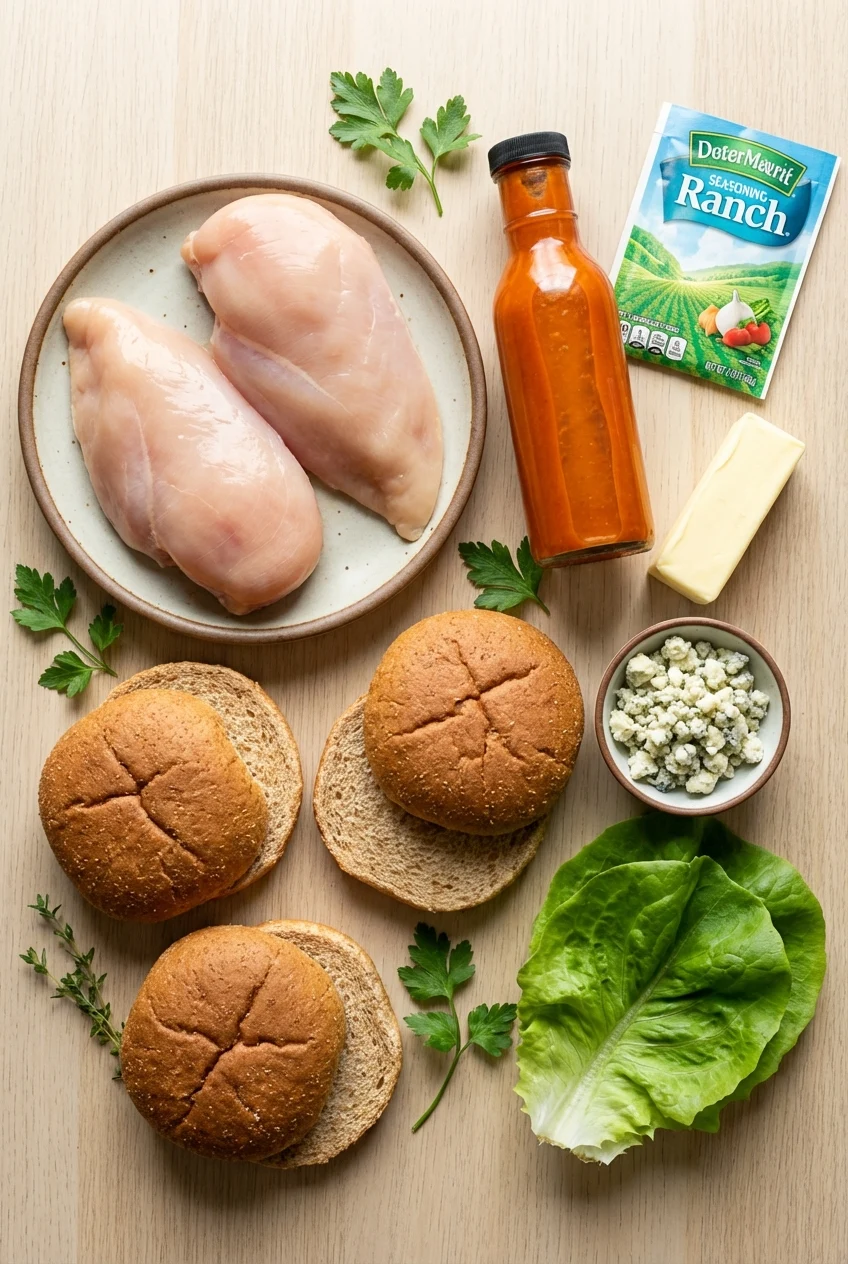 Ingredients for Crockpot Buffalo Chicken Sandwiches