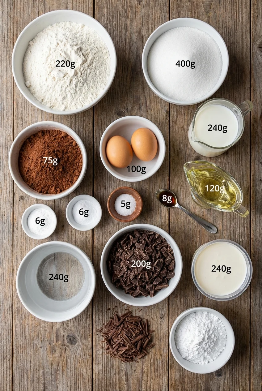 Ingredients for Heart-Shaped Chocolate Cake