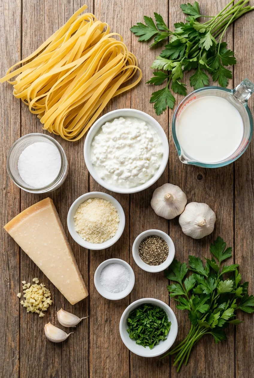 Ingredients for High Protein Cottage Cheese Alfredo
