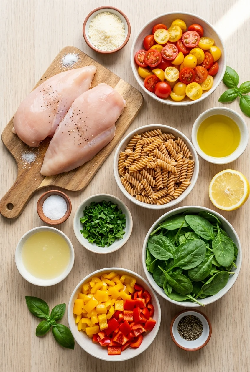Ingredients for High Protein Pasta Salad with Chicken