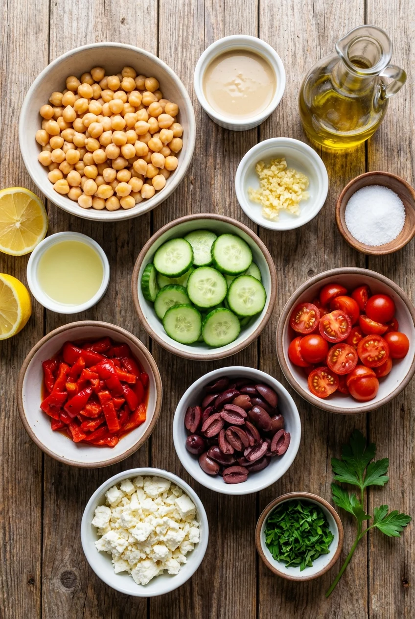 Ingredients for Loaded Greek Hummus Bowl