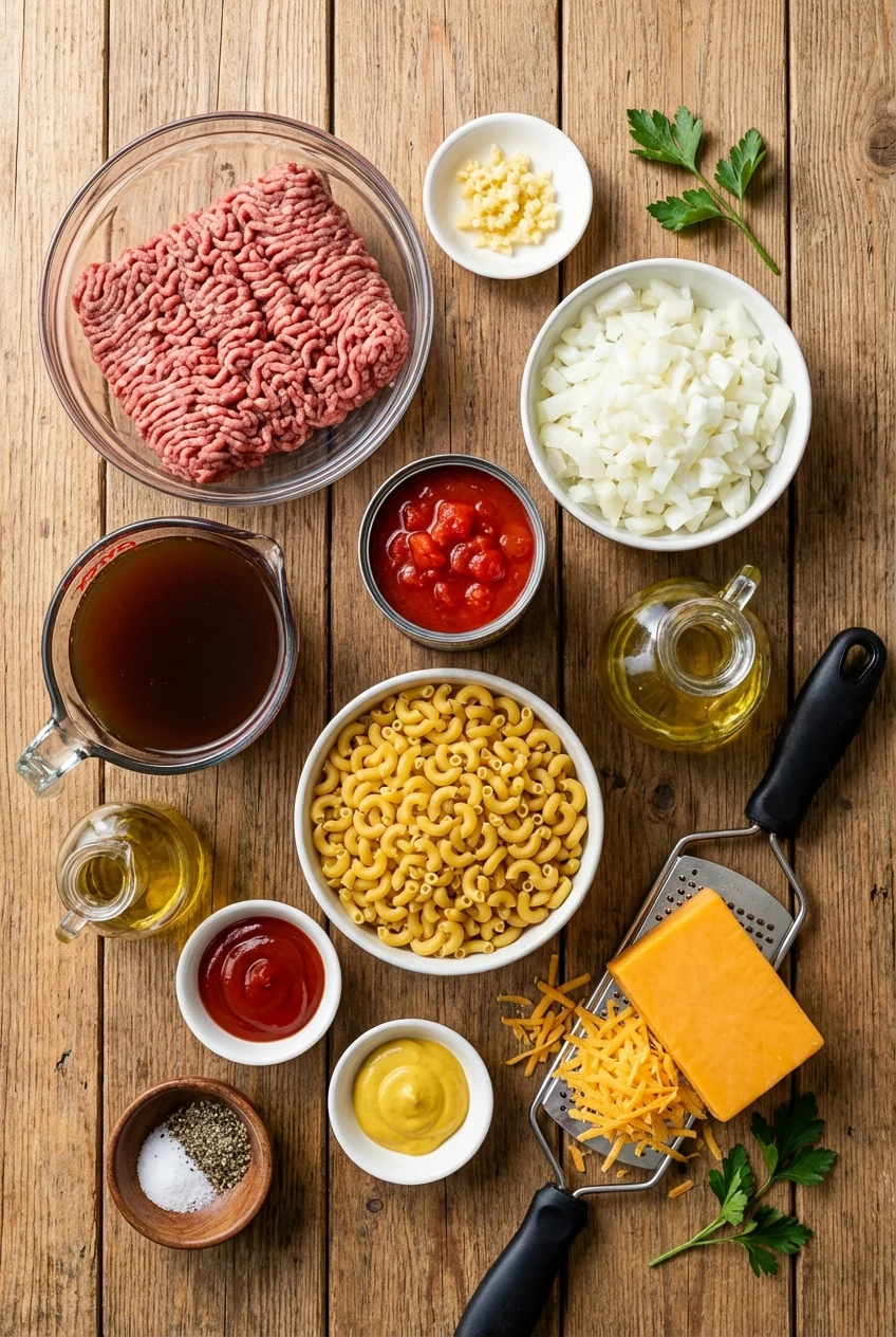 Ingredients for One-Pot Cheeseburger Pasta