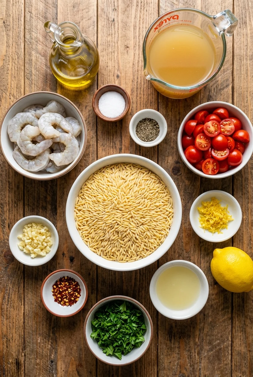 Ingredients for One-Pot Shrimp Orzo with Lemon and Cherry Tomatoes