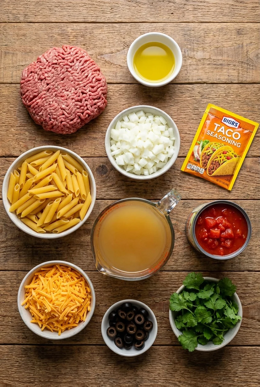 Ingredients for One-Pot Taco Pasta