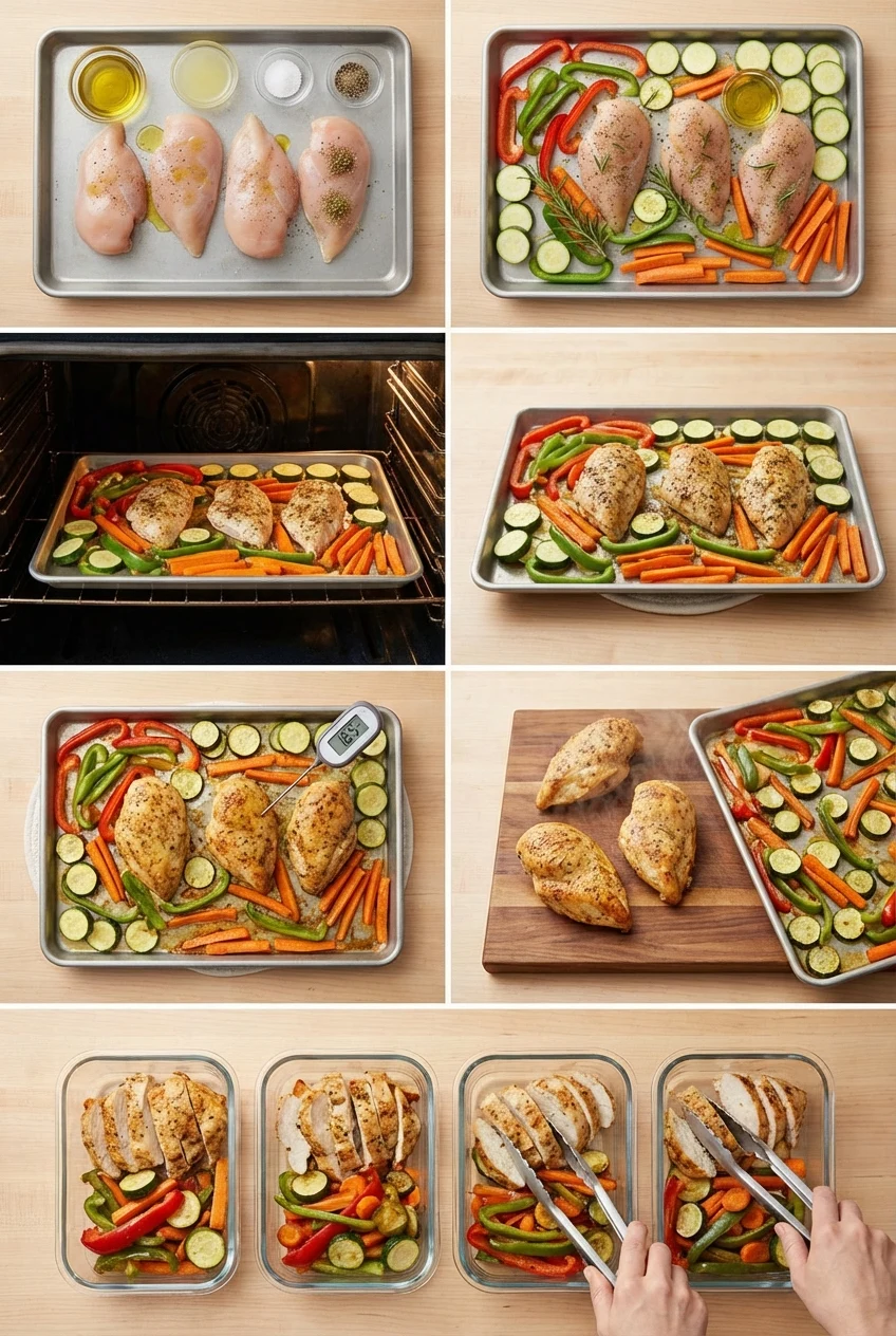 Step-by-step photos for Baked Chicken and Veggie Meal Prep
