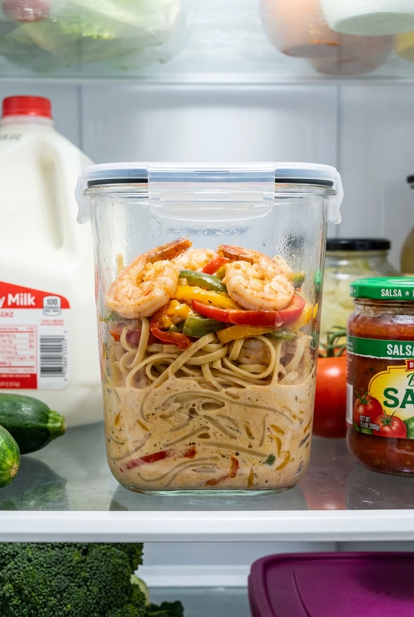 How to store and reheat One-Pot Shrimp Fajita Pasta