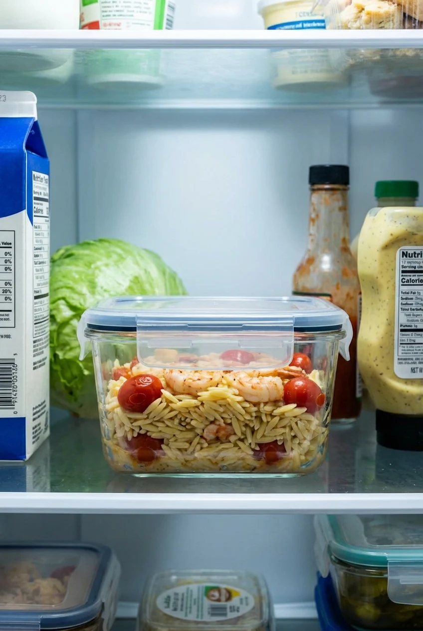 How to store and reheat One-Pot Shrimp Orzo with Lemon and Cherry Tomatoes