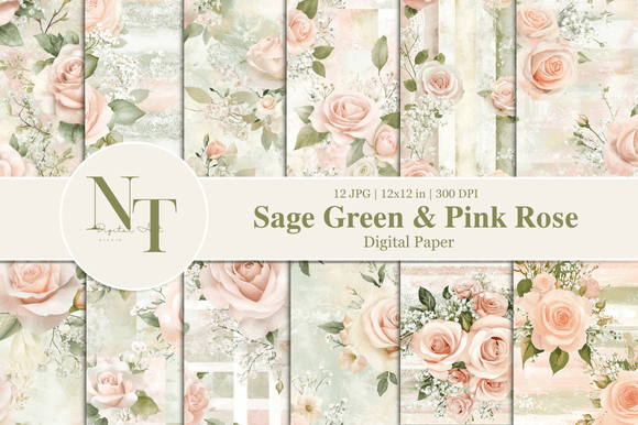 Sage Green & Pink Rose Digital Paper