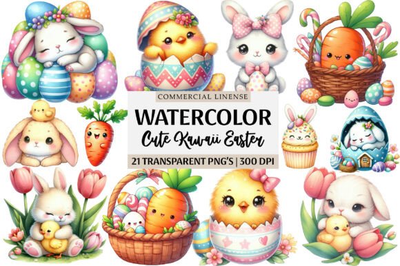 Watercolor Cute Kawaii Easter Clipart