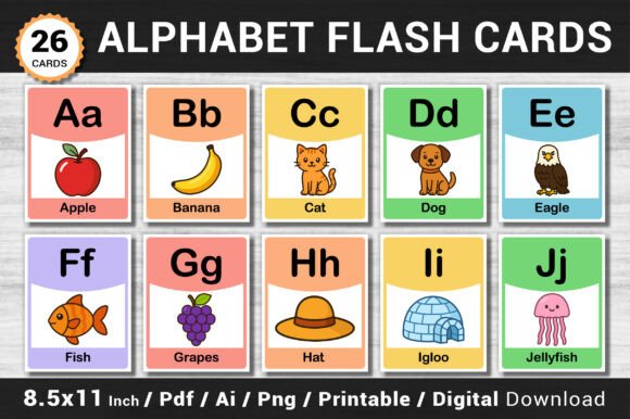 Printable Alphabet Flashcards A-Z with Cute Illustrations for Early Learners