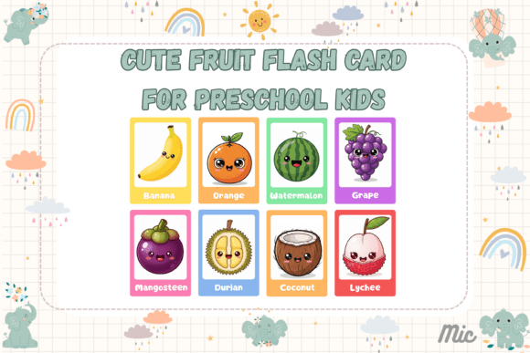 Cute Kawaii Fruit Flashcards for Preschool Learning