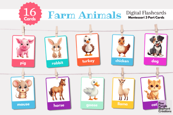 Farm Animal Montessori 3-Part Nomenclature Flashcards
