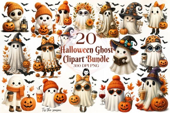 Retro Halloween Ghost PNG Set