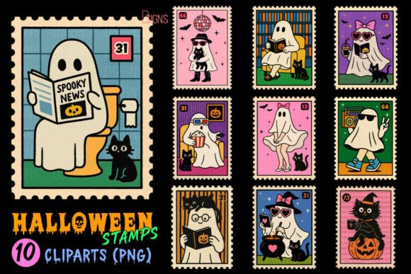 Spooky Retro Ghost Stamp Clipart Collection