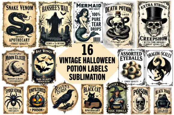 Vintage Halloween Potion Labels Clipart Bundle