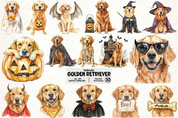 Golden Retriever Halloween Digital Art Bundle
