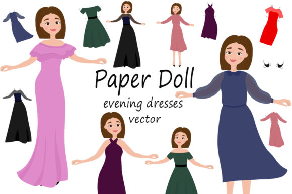 Paper Doll Evening Dresses Cutout Vector Set