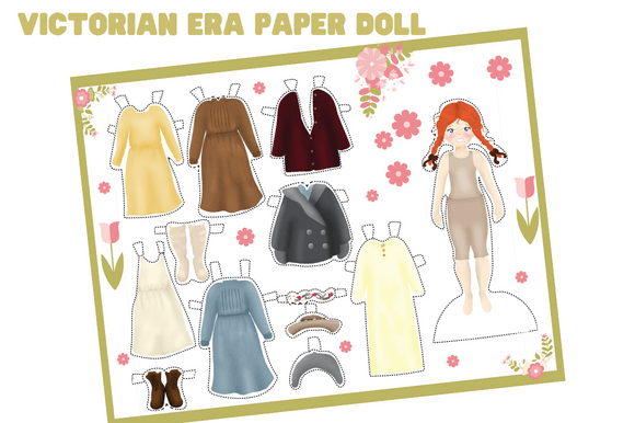 Victorian Redhead Paper Doll with Dresses, Coat & Accessories