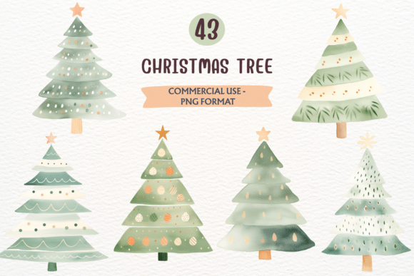 Winter Watercolor Christmas Tree Clipart Collection
