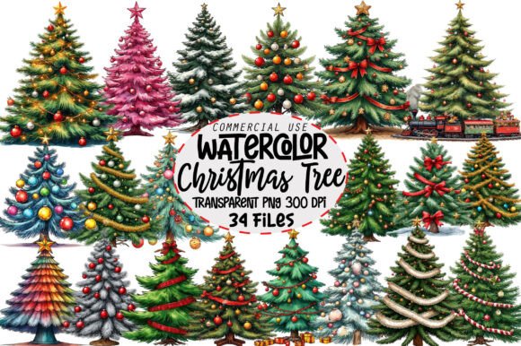 Watercolor Vintage Christmas Tree Clipart Bundle