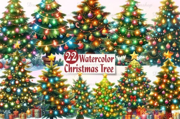 Watercolor Christmas Tree Clipart Collection