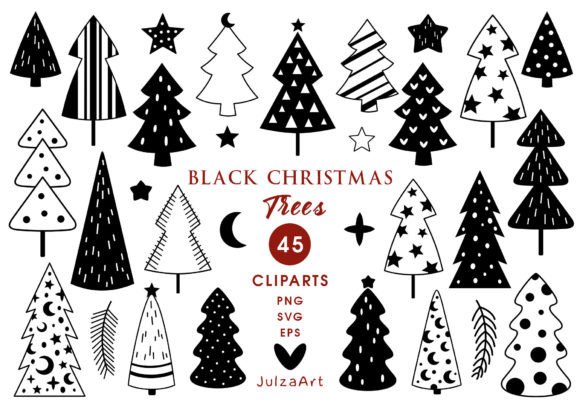 Elegant Black Christmas Trees Clipart Set