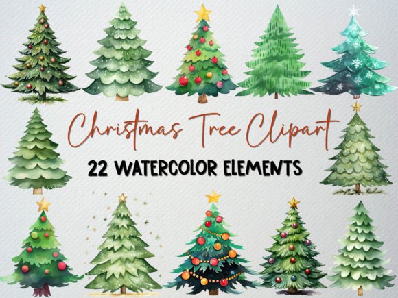 Vibrant Watercolor Christmas Trees Clipart