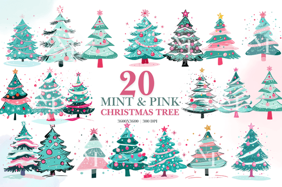 Mint & Pink Christmas Tree Clipart Set