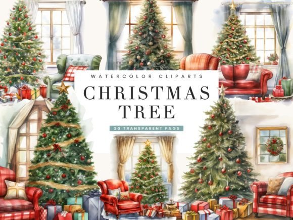 Festive Watercolor Christmas Trees Pack