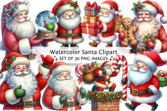 Festive Watercolor Santa PNG Collection