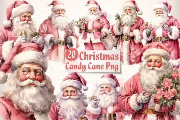 Vintage Christmas Pink Santa Clipart Set