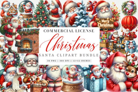 Watercolor Santa Cartoon Clipart Set