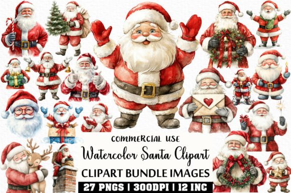 Colorful Watercolor Santa Art Collection
