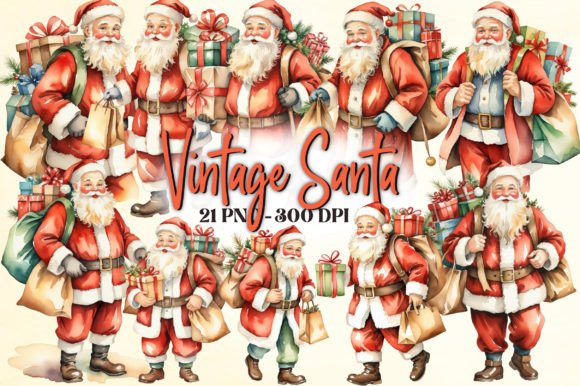Vintage Santa Watercolor Clipart Set
