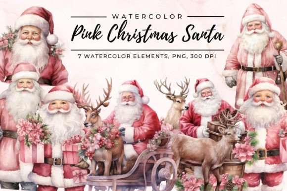 Watercolor Pink Santa Christmas Clipart Set