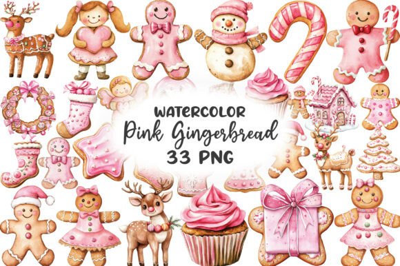 Pink Gingerbread Watercolor Clipart Set