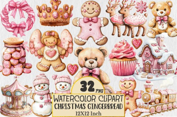 Festive Pink Gingerbread Clipart Set