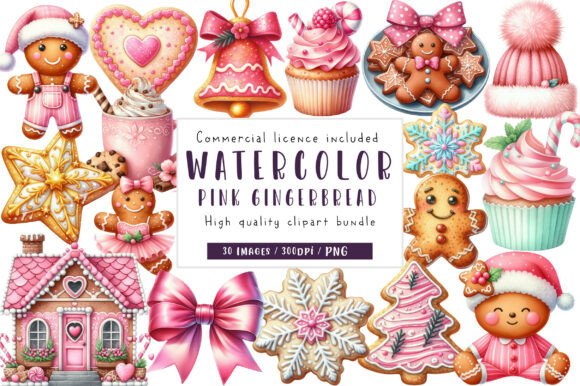 Watercolor Pink Gingerbread Clipart Collection