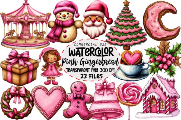Pink Gingerbread Watercolor Clipart Bundle