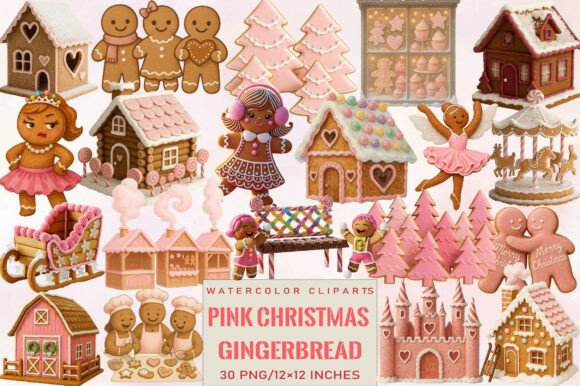 Pink Christmas Gingerbread Clipart Set