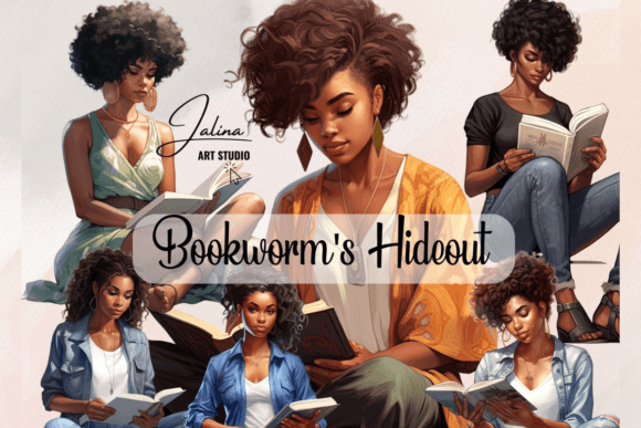 Enchanting Bookworm Black Girl Clipart Set