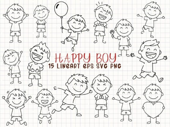 Cheerful Stick Figure Boys Line Art Set