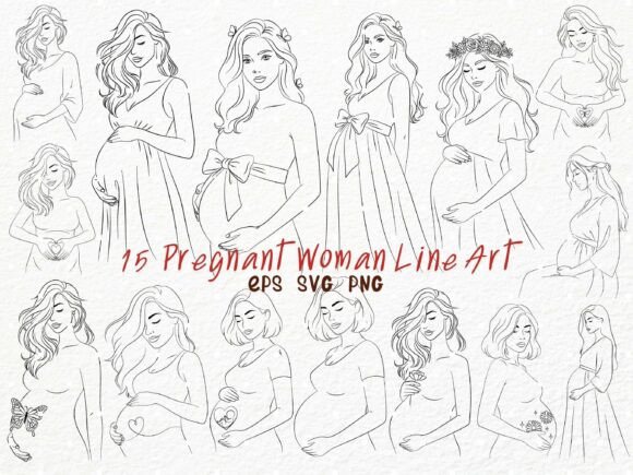 Minimalist Pregnant Woman Line Art Set