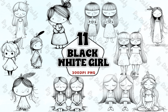Black and White Girl Illustration PNG