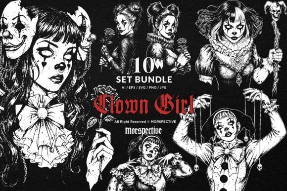 Dark Art Clown Girl Vector Illustrations Bundle