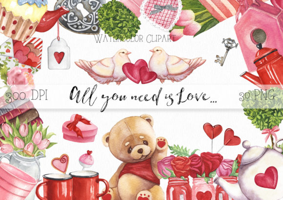 Handcrafted Watercolor Valentine Cliparts