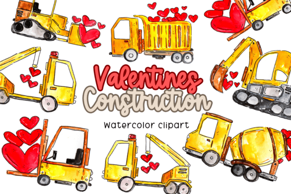 Watercolor Valentine's Construction Vehicles