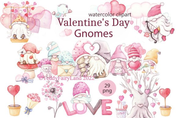 Valentine's Day Watercolor Gnomes Clipart Set