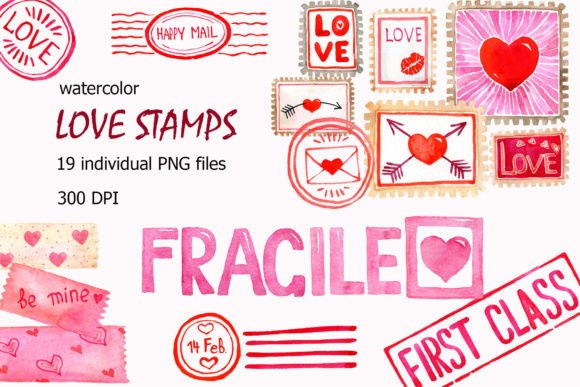 Valentine's Love Mail Stamps Clipart Set