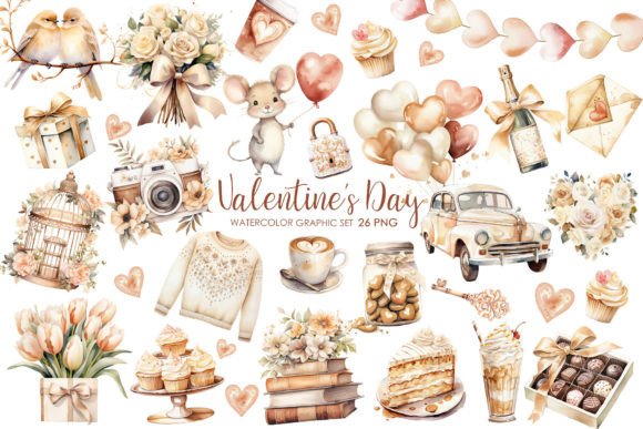 Elegant Watercolor Valentine Clipart Collection